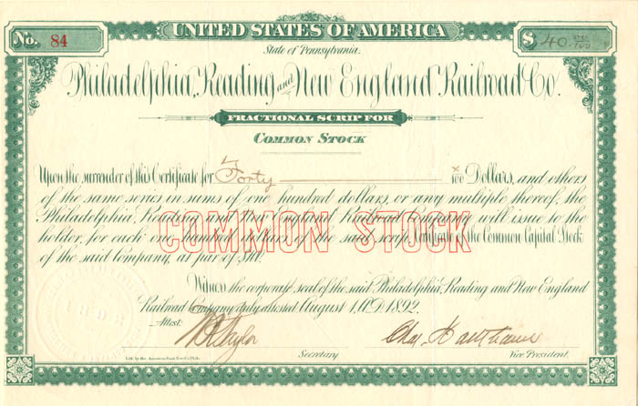 Philadelphia, Reading and New England Railroad Co. - Railway Fractional Common Stock Certificate